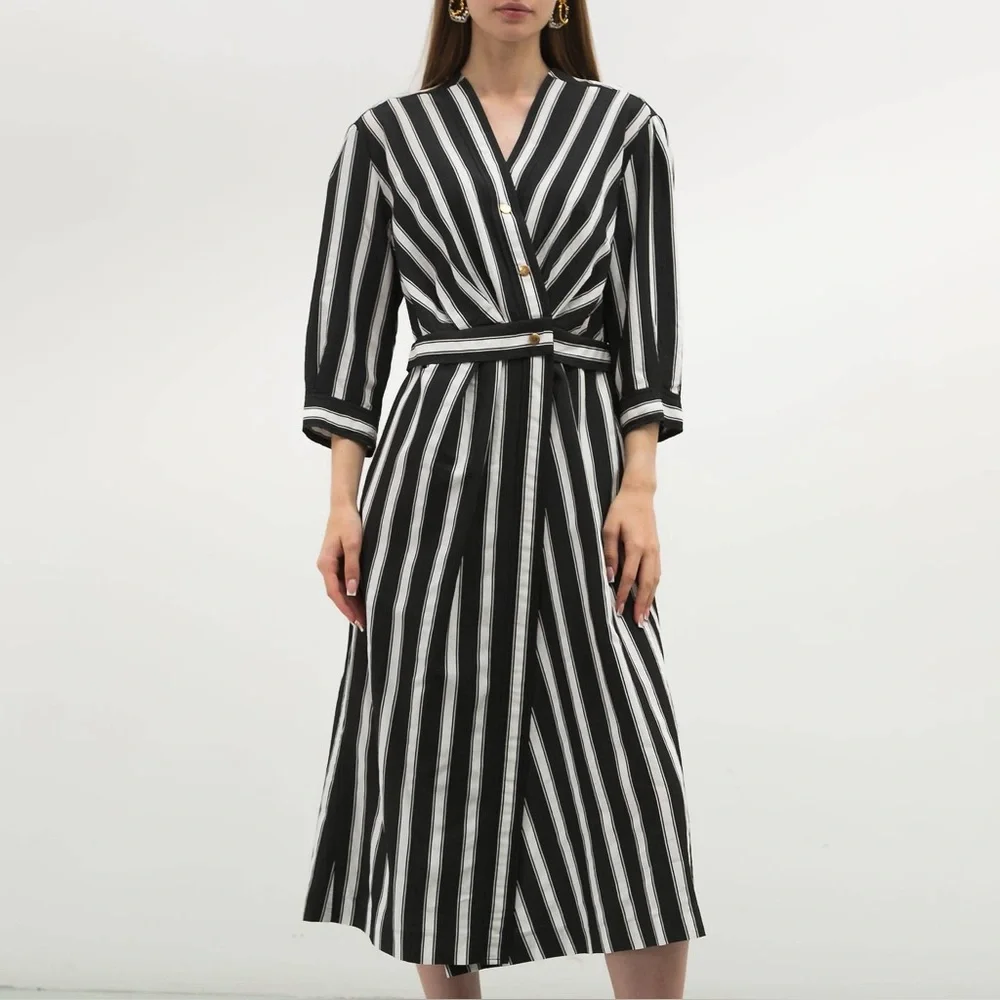Sandro Carl Black and White Wrap Striped 3/4 Sleeve Midi Dress - Picture 2 of 15